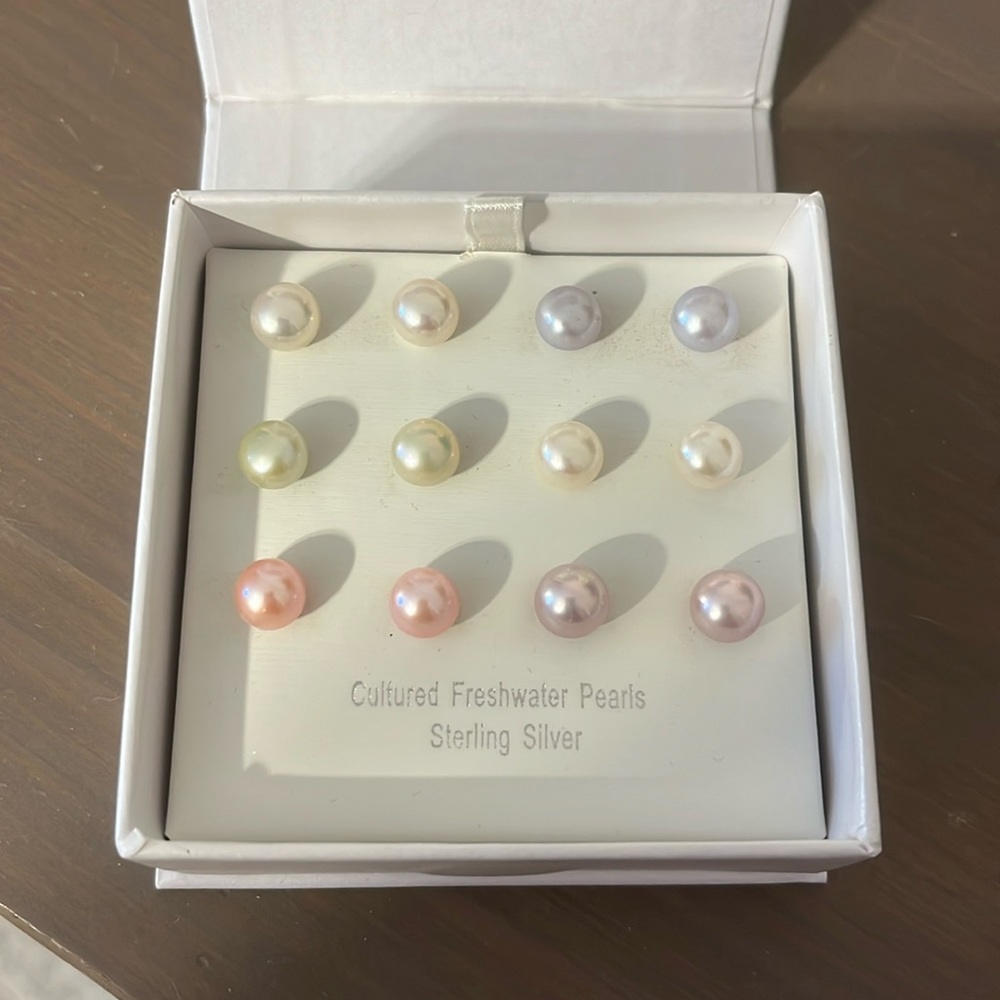 Set of 6 Sterling Silver Pearl Stud Earrings